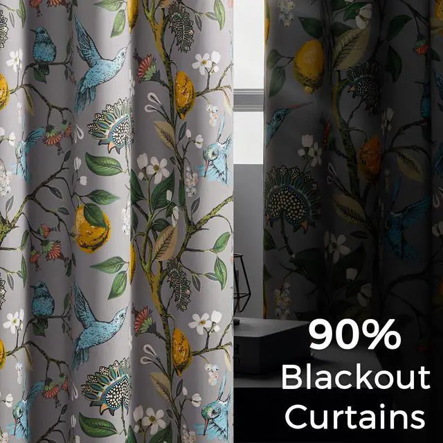 Alt view image 4 of 7 - Black Dark Floral Grey Blackout Curtains, Gray Decorative French Country Grommet Dark Academia Antique Decor Hummingbird Window Covering for Living Room Bedroom Dining,84 Inch Length