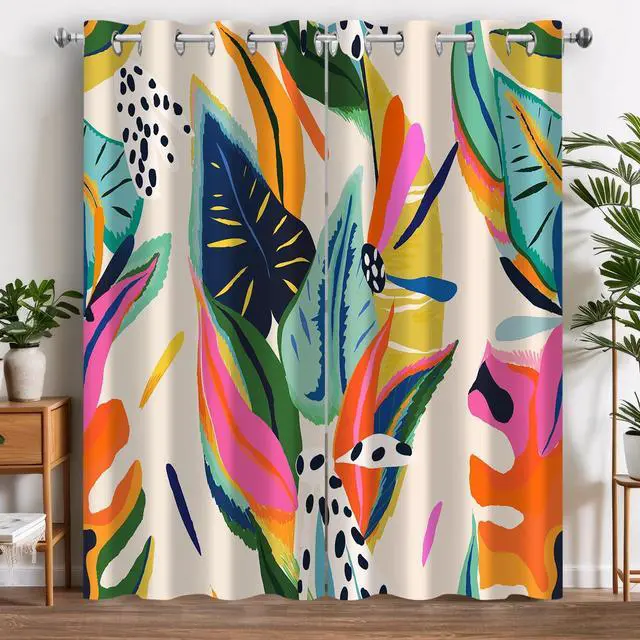 Alt view image 2 of 7 - Colorful Black Out Curtains, Boho Floral Abstract Jungle Asthetic Modern Art Blackout Window Curtains Decor for Bedroom, Living Room, Art Gallery Grommet Window Drapes 2 Panel Set, 52"x84"