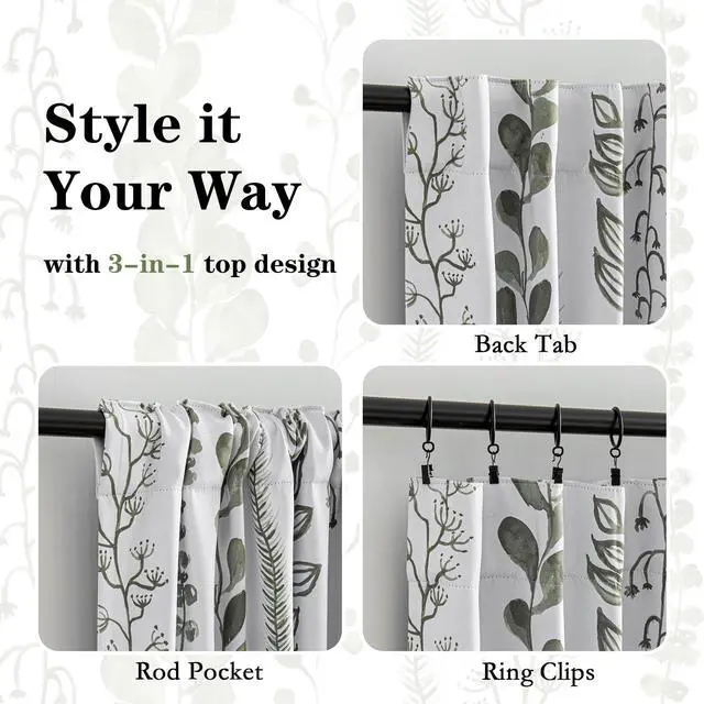 Alt view image 3 of 7 - Sage Green Blackout Curtains 63 Inches Long 2 Panels Boho Curtains for Living Room Thermal Insulated Privacy Protection Rod Pocket Drapes for Bedroom, Leaf Print Window Treatment, 50" Wide