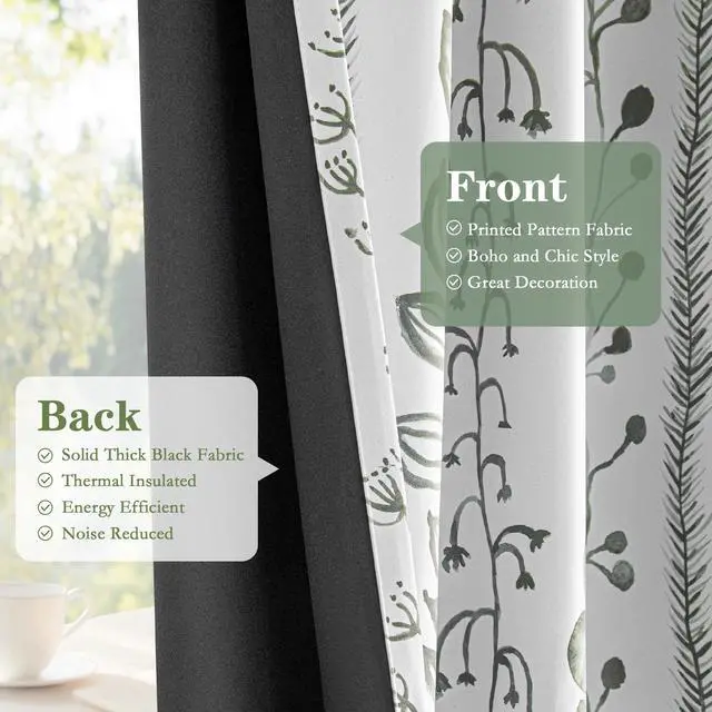 Alt view image 6 of 7 - Sage Green Blackout Curtains 63 Inches Long 2 Panels Boho Curtains for Living Room Thermal Insulated Privacy Protection Rod Pocket Drapes for Bedroom, Leaf Print Window Treatment, 50" Wide