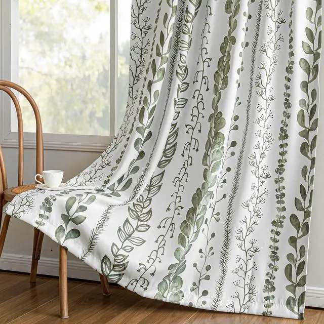 Alt view image 4 of 7 - Sage Green Blackout Curtains 63 Inches Long 2 Panels Boho Curtains for Living Room Thermal Insulated Privacy Protection Rod Pocket Drapes for Bedroom, Leaf Print Window Treatment, 50" Wide