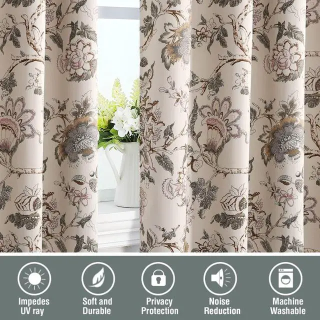 Alt view image 7 of 7 - Blackout Curtains 96 Inch Length 2 Panels Set Floral Print Curtain Drapes for Living Room Thermal Insulated Grommet Window Curtains for Bedroom - Traditional Floral in Sage and Brown