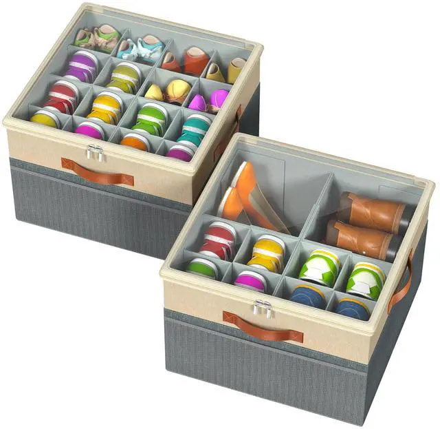 Main image of Shoe Organizer for Closet, 2 Pack Foldable Shoe Storage Organizer Box Bin with Adjustable Dividers and Clear Cover, Fits up to 16-32 PairsGrey&Beige