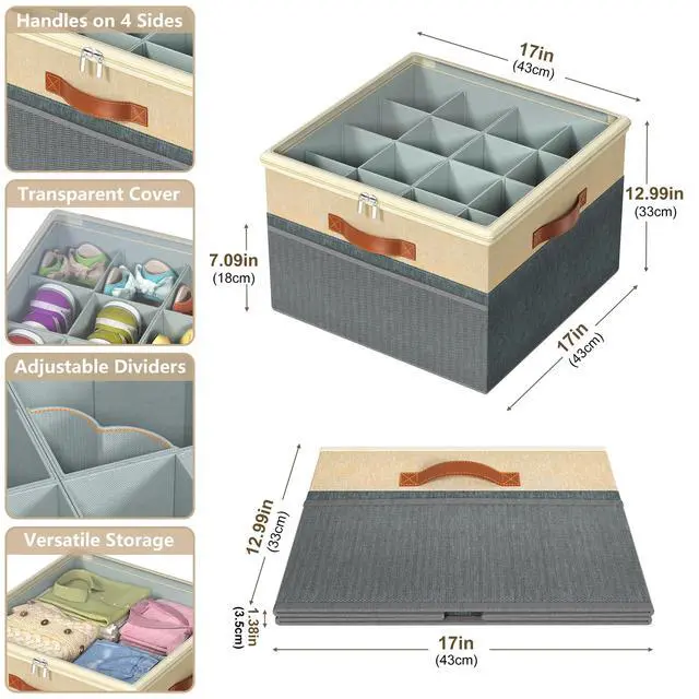 Alt view image 2 of 7 - Shoe Organizer for Closet, 2 Pack Foldable Shoe Storage Organizer Box Bin with Adjustable Dividers and Clear Cover, Fits up to 16-32 PairsGrey&Beige