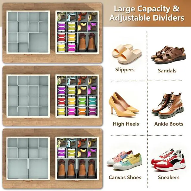 Alt view image 4 of 7 - Shoe Organizer for Closet, 2 Pack Foldable Shoe Storage Organizer Box Bin with Adjustable Dividers and Clear Cover, Fits up to 16-32 PairsGrey&Beige