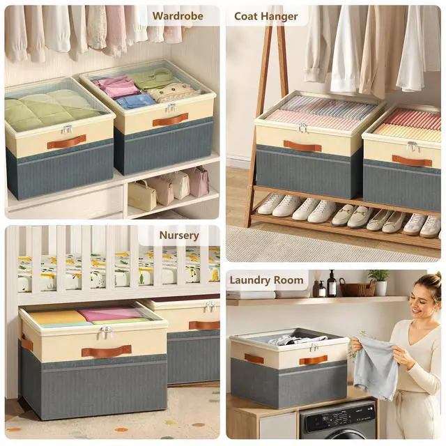 Alt view image 5 of 7 - Shoe Organizer for Closet, 2 Pack Foldable Shoe Storage Organizer Box Bin with Adjustable Dividers and Clear Cover, Fits up to 16-32 PairsGrey&Beige