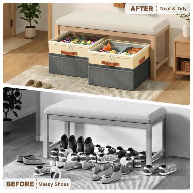 Alt view image 6 of 7 - Shoe Organizer for Closet, 2 Pack Foldable Shoe Storage Organizer Box Bin with Adjustable Dividers and Clear Cover, Fits up to 16-32 PairsGrey&Beige