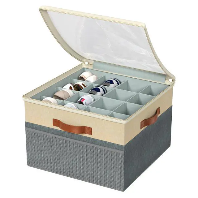 Alt view image 7 of 7 - Shoe Organizer for Closet, 2 Pack Foldable Shoe Storage Organizer Box Bin with Adjustable Dividers and Clear Cover, Fits up to 16-32 PairsGrey&Beige