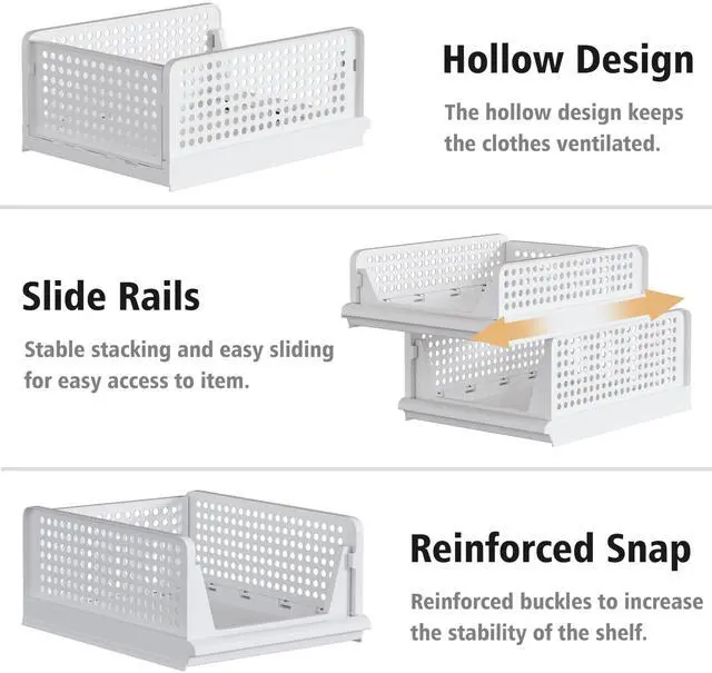 Alt view image 4 of 7 - 5 Pack Stackable Plastic Storage Basket Closet Organizer Bin Foldable Clothes Organizer Storage Drawer Shelf Container for Living Room Bathroom Kitchen Office Laundry Room 5L
