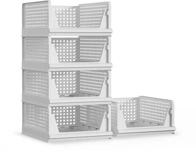 Main image of 5 Pack Stackable Plastic Storage Basket Closet Organizer Bin Foldable Clothes Organizer Storage Drawer Shelf Container for Living Room Bathroom Kitchen Office Laundry Room 5L