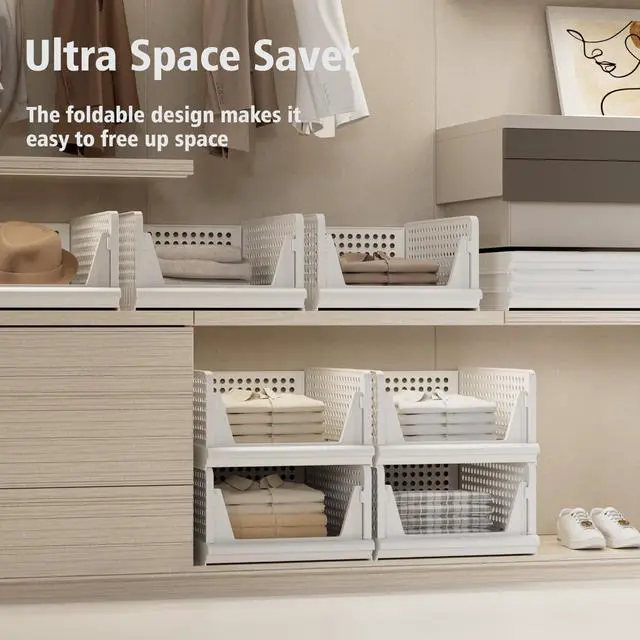 Alt view image 2 of 7 - 5 Pack Stackable Plastic Storage Basket Closet Organizer Bin Foldable Clothes Organizer Storage Drawer Shelf Container for Living Room Bathroom Kitchen Office Laundry Room 5L
