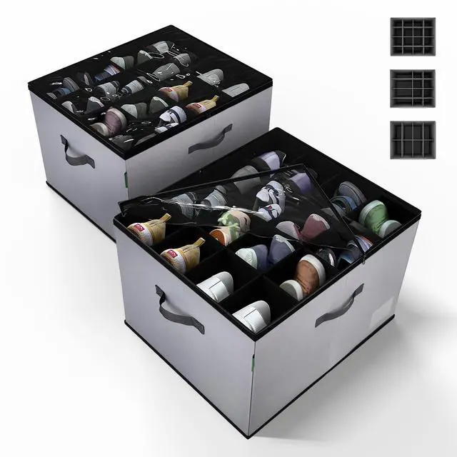 Main image of 2 Pack Shoe Organizer for Closet, Foldable Fabric Shoe Storage Box with Adjustable Dividers and Clear Dustproof Cover, Large Collapsible Shoe Bins & Containers, Holds up to 32 Pairs, Gray