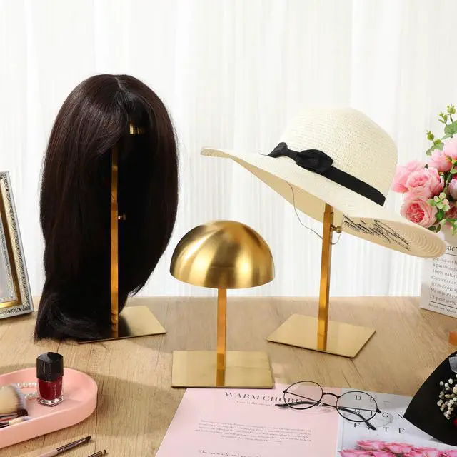 Alt view image 5 of 7 - 4 Pcs Hat Display Stand:adjustable 7.9-15.7inch Wigs Head Holder Stand Non Slip Stainless Steel Metal Rack for Multiple Hats Wig Storage Styling Practice(Gold,Square Base)