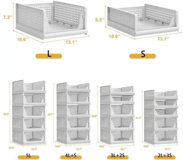 Alt view image 5 of 7 - 5 Pack Stackable Plastic Storage Basket Closet Organizer Bin Foldable Clothes Organizer Storage Drawer Shelf Container for Living Room Bathroom Kitchen Office Laundry Room 5L