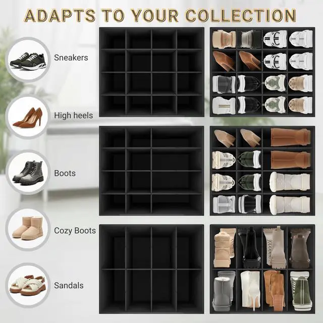 Alt view image 4 of 7 - 2 Pack Shoe Organizer for Closet, Foldable Fabric Shoe Storage Box with Adjustable Dividers and Clear Dustproof Cover, Large Collapsible Shoe Bins & Containers, Holds up to 32 Pairs, Gray