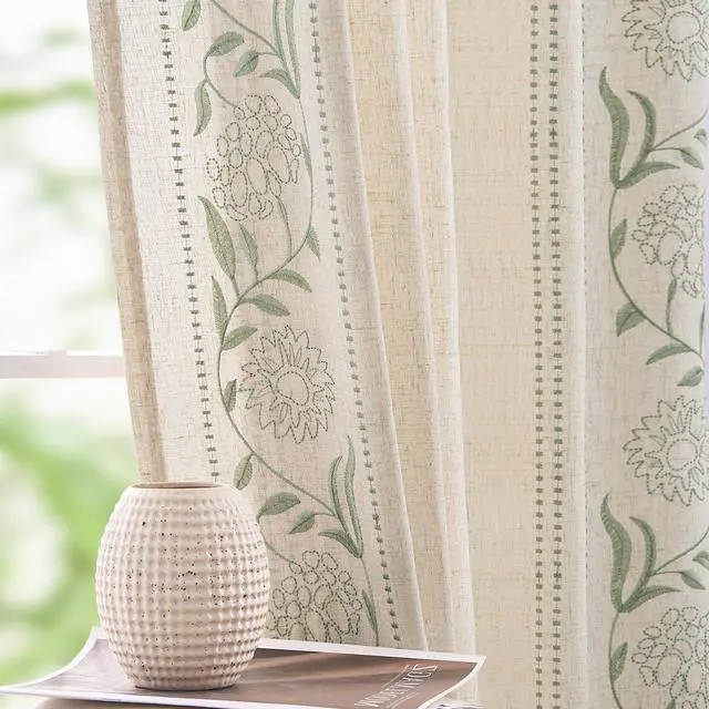 Main image of Winslow Linen Curtains for Bedroom 84 Inches Length Embroidered Bordered Floral Curtains for Living Room Farmhouse Decor Light Filtering Window Treatments Sage on Beige Drapes 2 Panels