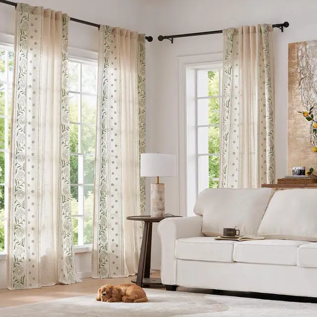 Alt view image 2 of 7 - Winslow Linen Curtains for Bedroom 84 Inches Length Embroidered Bordered Floral Curtains for Living Room Farmhouse Decor Light Filtering Window Treatments Sage on Beige Drapes 2 Panels