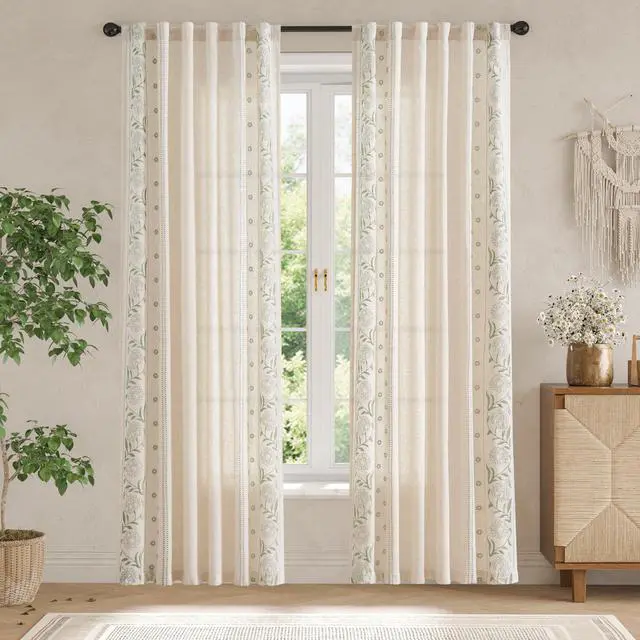 Alt view image 4 of 7 - Winslow Linen Curtains for Bedroom 84 Inches Length Embroidered Bordered Floral Curtains for Living Room Farmhouse Decor Light Filtering Window Treatments Sage on Beige Drapes 2 Panels