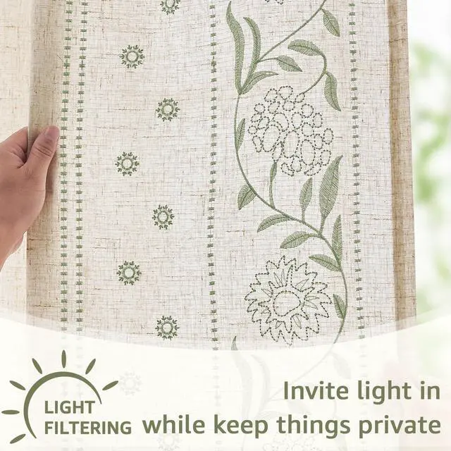 Alt view image 6 of 7 - Winslow Linen Curtains for Bedroom 84 Inches Length Embroidered Bordered Floral Curtains for Living Room Farmhouse Decor Light Filtering Window Treatments Sage on Beige Drapes 2 Panels