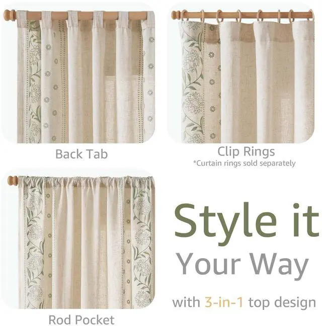 Alt view image 7 of 7 - Winslow Linen Curtains for Bedroom 84 Inches Length Embroidered Bordered Floral Curtains for Living Room Farmhouse Decor Light Filtering Window Treatments Sage on Beige Drapes 2 Panels