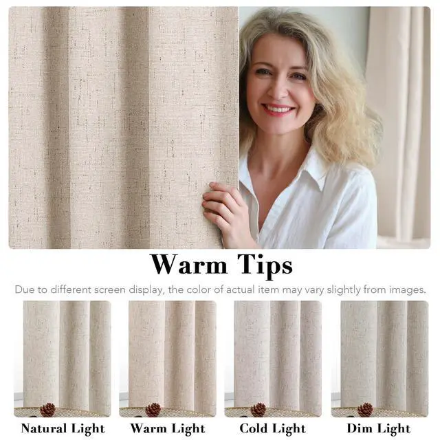 Alt view image 5 of 7 - Linen 100% Blackout Curtains for Bedroom Light Blocking Curtains, Textured Curtains for Living Room 84 inch Grommet, White Liner Energy Efficient GRS Certified (2 Panels, Natural)