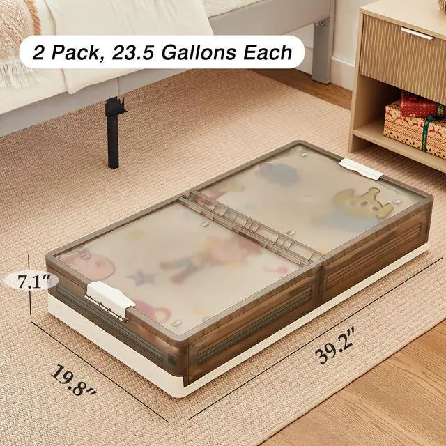 Alt view image 7 of 7 - Under Bed Storage with Wheels, 2 Pack Stackable Under Bed Storage Containers, Underbed Storage Containers with Lids, Plastic Foldable Folding Box for Clothes Shoes, Grey