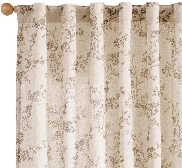 Main image of Taupe Floral Linen Curtains 84 Inch Farmhouse Curtain Back Tab Drapes for Living Room Bedroom Light Filtering Vintage Rod Pocket Curtains for Home, 2 Panels, Taupe on Beige