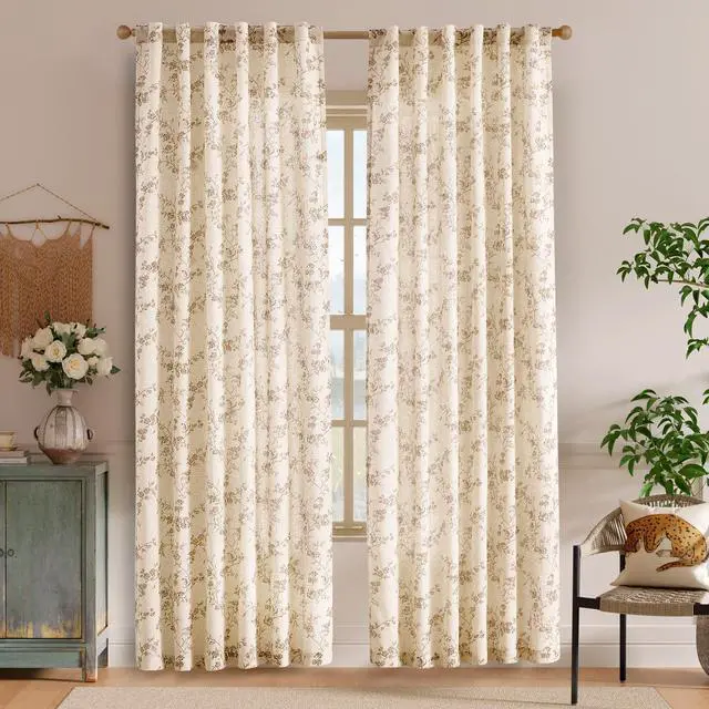 Alt view image 2 of 7 - Taupe Floral Linen Curtains 84 Inch Farmhouse Curtain Back Tab Drapes for Living Room Bedroom Light Filtering Vintage Rod Pocket Curtains for Home, 2 Panels, Taupe on Beige