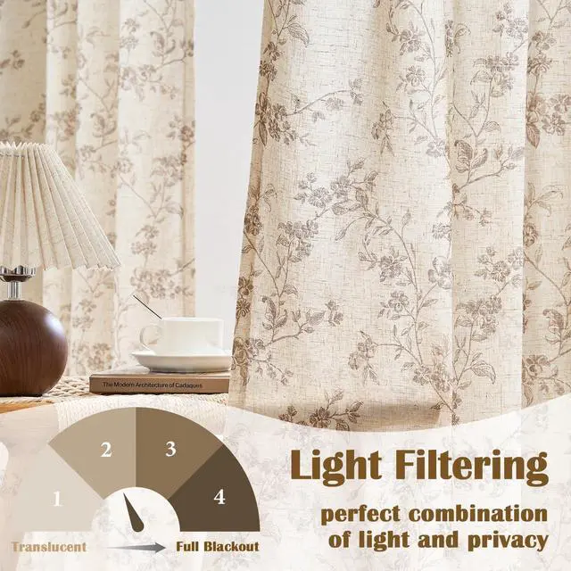 Alt view image 3 of 7 - Taupe Floral Linen Curtains 84 Inch Farmhouse Curtain Back Tab Drapes for Living Room Bedroom Light Filtering Vintage Rod Pocket Curtains for Home, 2 Panels, Taupe on Beige