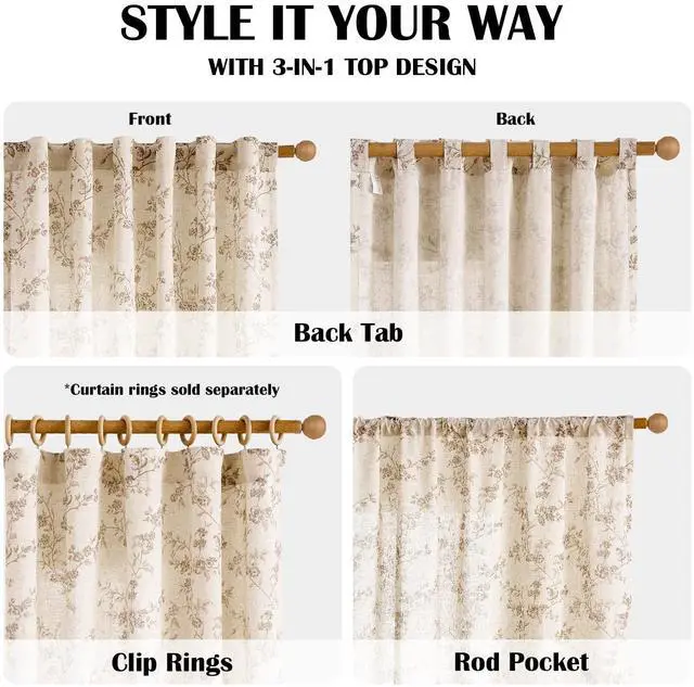 Alt view image 4 of 7 - Taupe Floral Linen Curtains 84 Inch Farmhouse Curtain Back Tab Drapes for Living Room Bedroom Light Filtering Vintage Rod Pocket Curtains for Home, 2 Panels, Taupe on Beige