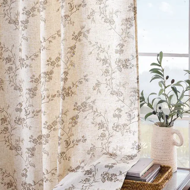 Alt view image 5 of 7 - Taupe Floral Linen Curtains 84 Inch Farmhouse Curtain Back Tab Drapes for Living Room Bedroom Light Filtering Vintage Rod Pocket Curtains for Home, 2 Panels, Taupe on Beige