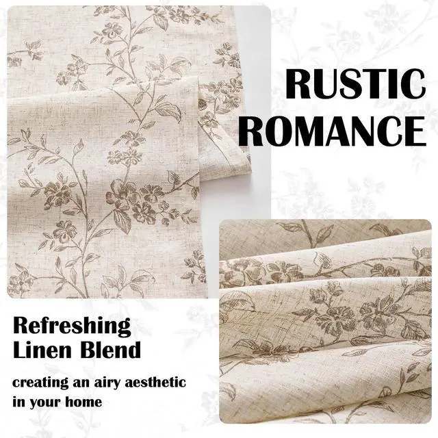 Alt view image 6 of 7 - Taupe Floral Linen Curtains 84 Inch Farmhouse Curtain Back Tab Drapes for Living Room Bedroom Light Filtering Vintage Rod Pocket Curtains for Home, 2 Panels, Taupe on Beige