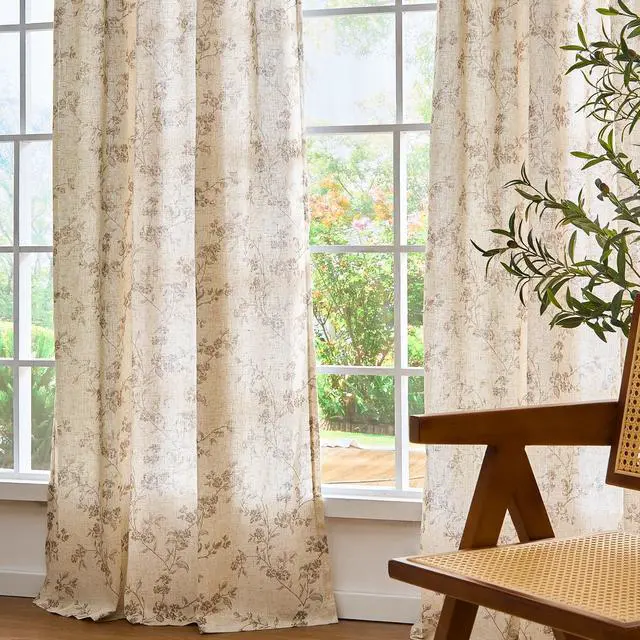 Alt view image 7 of 7 - Taupe Floral Linen Curtains 84 Inch Farmhouse Curtain Back Tab Drapes for Living Room Bedroom Light Filtering Vintage Rod Pocket Curtains for Home, 2 Panels, Taupe on Beige