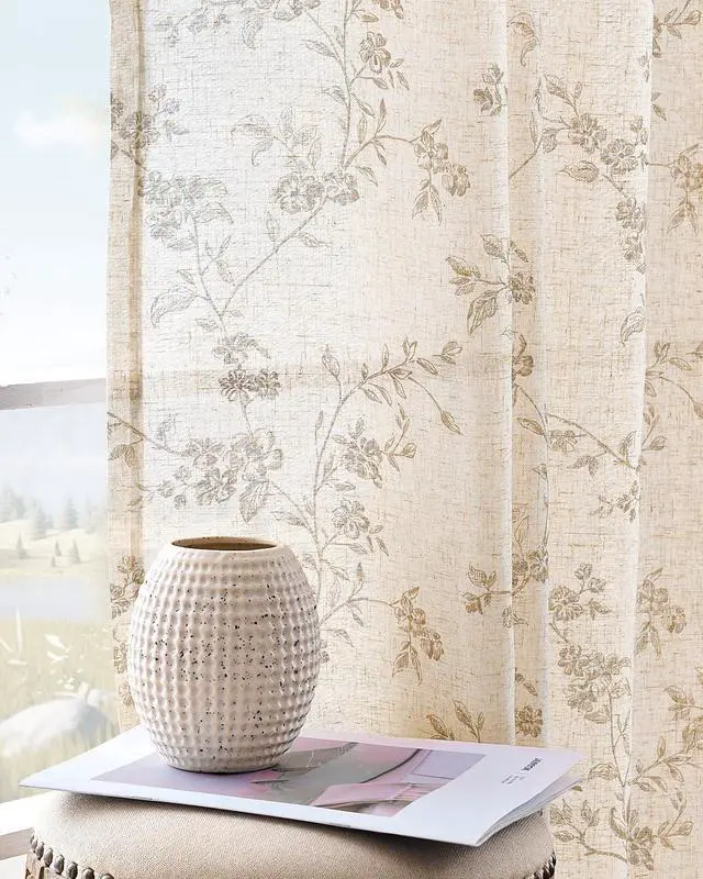 Main image of Linen Floral Curtains for Living Room 84 Inch Length Taupe Printed Curtains Back Tab French Country Farmhouse Flower Patterned Drapes Bedroom Window Curtain Set 2 Panels