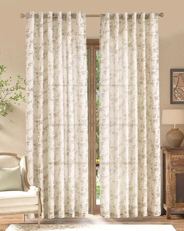 Alt view image 2 of 7 - Linen Floral Curtains for Living Room 84 Inch Length Taupe Printed Curtains Back Tab French Country Farmhouse Flower Patterned Drapes Bedroom Window Curtain Set 2 Panels