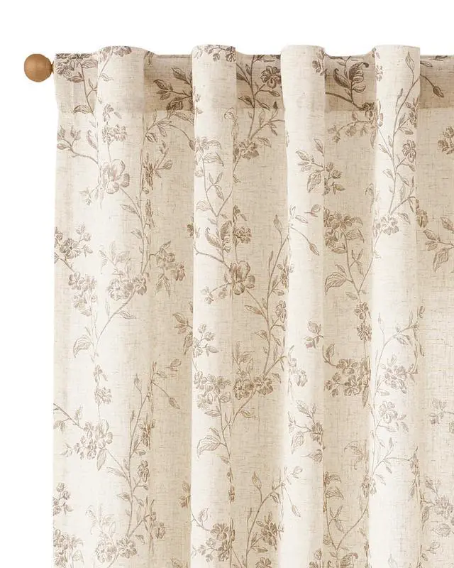 Alt view image 3 of 7 - Linen Floral Curtains for Living Room 84 Inch Length Taupe Printed Curtains Back Tab French Country Farmhouse Flower Patterned Drapes Bedroom Window Curtain Set 2 Panels