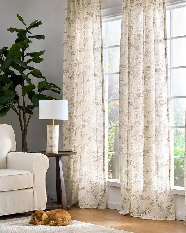 Alt view image 6 of 7 - Linen Floral Curtains for Living Room 84 Inch Length Taupe Printed Curtains Back Tab French Country Farmhouse Flower Patterned Drapes Bedroom Window Curtain Set 2 Panels