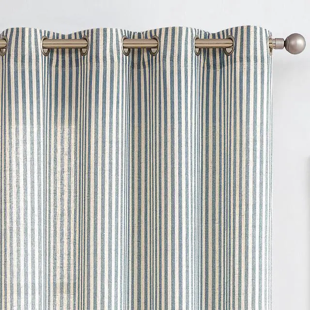 Main image of Linen Striped Curtains for Living Room Bedroom Farmhouse Tickingstripe Light Filtering Window Curtains Printed Drapes Grommet Top 2 Panels Blue W50 x L84 Inch