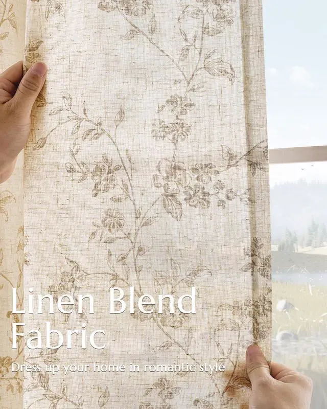Alt view image 4 of 7 - Linen Floral Curtains for Living Room 84 Inch Length Taupe Printed Curtains Back Tab French Country Farmhouse Flower Patterned Drapes Bedroom Window Curtain Set 2 Panels