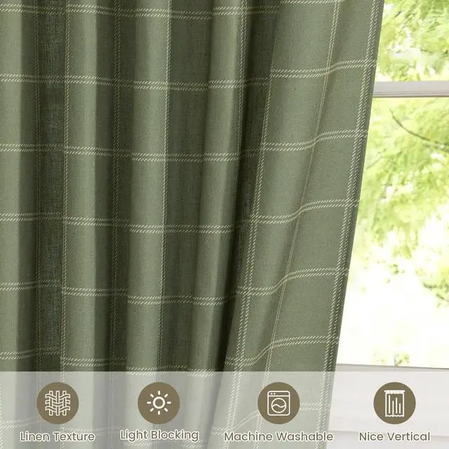 Alt view image 4 of 7 - Linen Plaid Curtains Gingham Window Panels Moss Green Check Tartan Light Filtering Curtains for Living Room Bedroom, Rod Pocket Back Tab, 2 Panels, 52 inch Wide x 84 inch Long