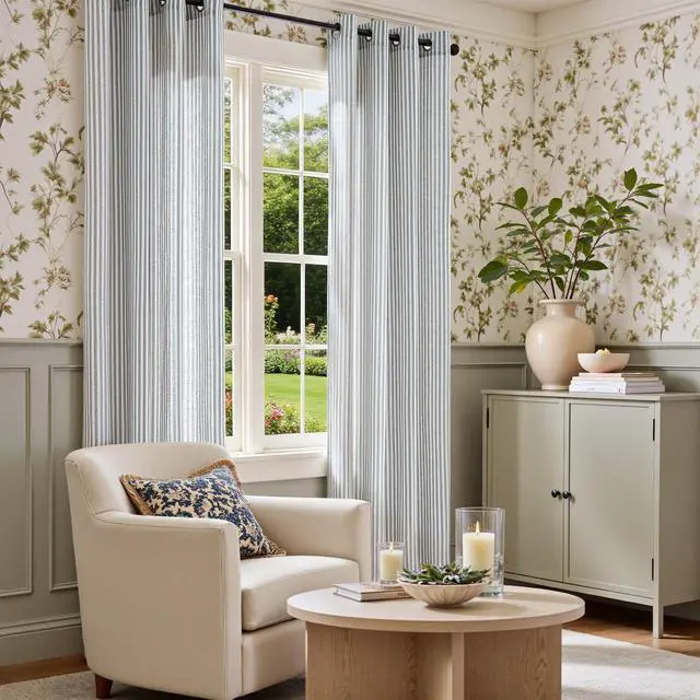Alt view image 4 of 7 - Linen Striped Curtains for Living Room Bedroom Farmhouse Tickingstripe Light Filtering Window Curtains Printed Drapes Grommet Top 2 Panels Blue W50 x L84 Inch