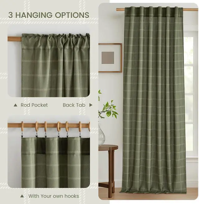 Alt view image 3 of 7 - Linen Plaid Curtains Gingham Window Panels Moss Green Check Tartan Light Filtering Curtains for Living Room Bedroom, Rod Pocket Back Tab, 2 Panels, 52 inch Wide x 84 inch Long