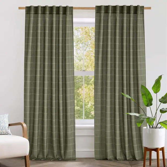 Main image of Linen Plaid Curtains Gingham Window Panels Moss Green Check Tartan Light Filtering Curtains for Living Room Bedroom, Rod Pocket Back Tab, 2 Panels, 52 inch Wide x 84 inch Long