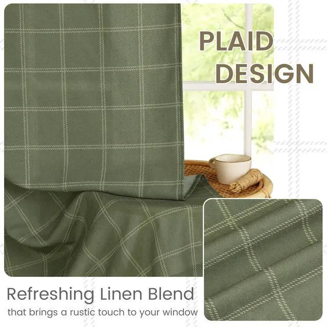 Alt view image 5 of 7 - Linen Plaid Curtains Gingham Window Panels Moss Green Check Tartan Light Filtering Curtains for Living Room Bedroom, Rod Pocket Back Tab, 2 Panels, 52 inch Wide x 84 inch Long