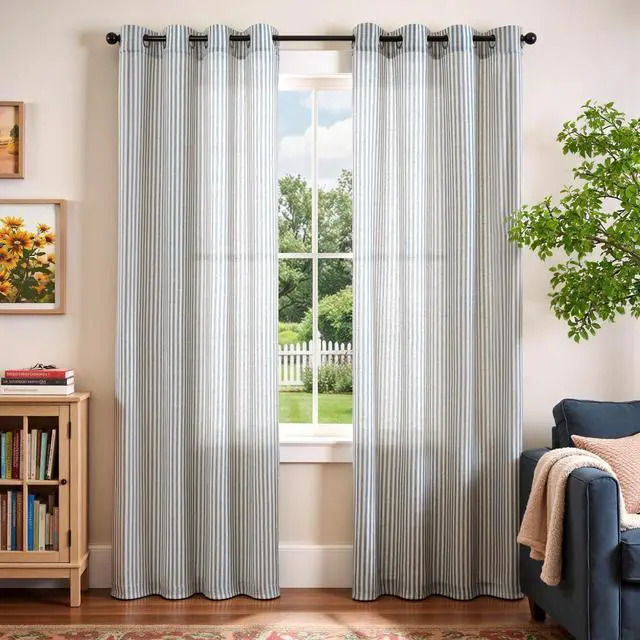 Alt view image 2 of 7 - Linen Striped Curtains for Living Room Bedroom Farmhouse Tickingstripe Light Filtering Window Curtains Printed Drapes Grommet Top 2 Panels Blue W50 x L84 Inch