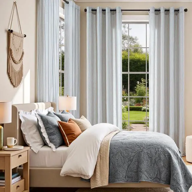 Alt view image 6 of 7 - Linen Striped Curtains for Living Room Bedroom Farmhouse Tickingstripe Light Filtering Window Curtains Printed Drapes Grommet Top 2 Panels Blue W50 x L84 Inch