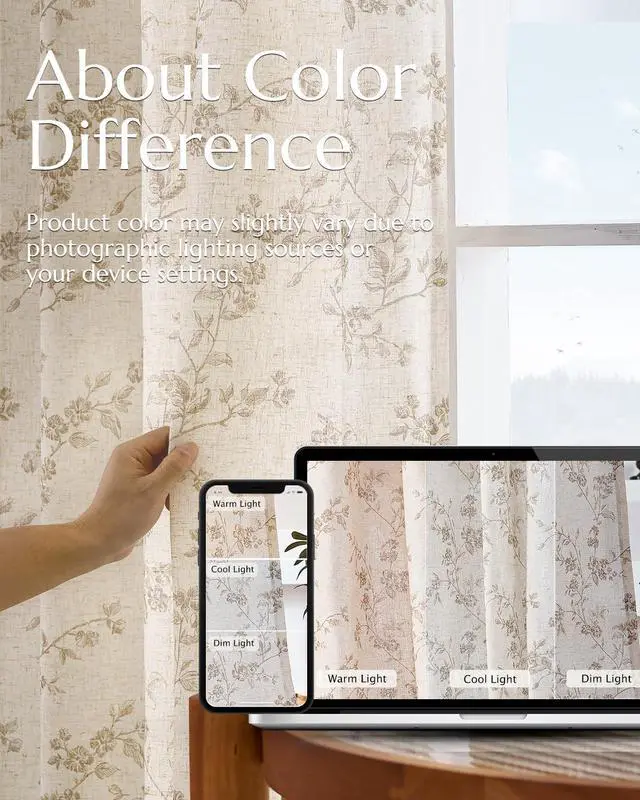 Alt view image 7 of 7 - Linen Floral Curtains for Living Room 84 Inch Length Taupe Printed Curtains Back Tab French Country Farmhouse Flower Patterned Drapes Bedroom Window Curtain Set 2 Panels