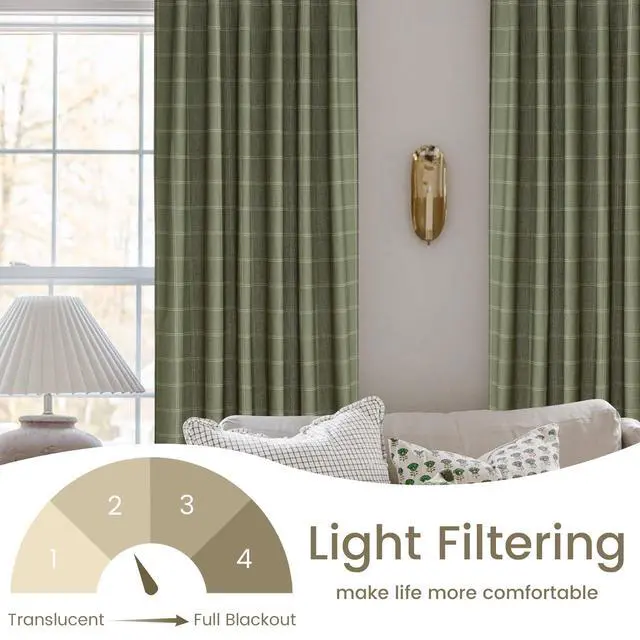 Alt view image 6 of 7 - Linen Plaid Curtains Gingham Window Panels Moss Green Check Tartan Light Filtering Curtains for Living Room Bedroom, Rod Pocket Back Tab, 2 Panels, 52 inch Wide x 84 inch Long
