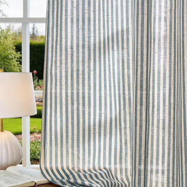 Alt view image 7 of 7 - Linen Striped Curtains for Living Room Bedroom Farmhouse Tickingstripe Light Filtering Window Curtains Printed Drapes Grommet Top 2 Panels Blue W50 x L84 Inch