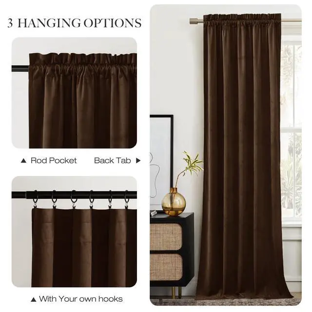 Alt view image 6 of 7 - Brown Velvet Blackout Curtains 96 inches Long, Room Darkening Home Decor Light Blocking Thermal Insulated Rod Pocket Drapes for Theater and Movie Room (Set of 2, 52 x 96)